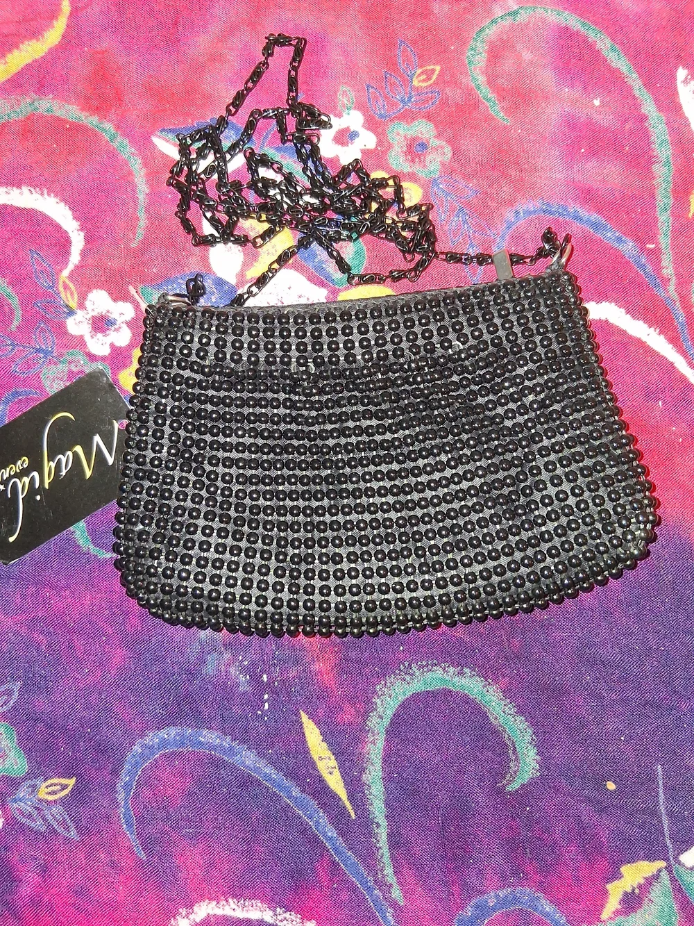 Black Beaded Chain Crossbody Strap Wallet - Elegant Evening Accessory
